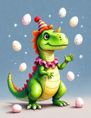 The primary subject of the image is a cartoon dinosaur, specifically a green and orange T-Rex, wearing a party hat and holding a party favor. The setting is a colorful and playful environment, with the dinosaur surrounded by a variety of colorful eggs. The visual style is a digital art or illustration, creating a fun and lively atmosphere. The colors and mood of the image are vibrant and cheerful, with the dinosaur and eggs being the main focus of the scene.