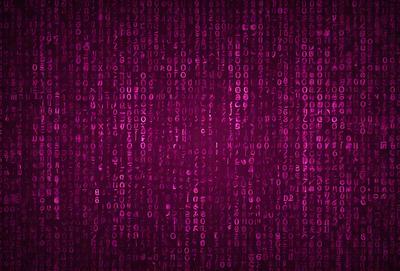 The primary subject of the image is a close-up of a purple background with a pattern of binary code. The setting is a digital artwork, and the visual style is a combination of a photo and a digital illustration. The dominant colors are purple and pink, creating a warm and vibrant atmosphere.