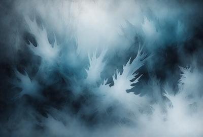 The primary subject of the image is a blue and white painting featuring a tree with long, thin branches. The setting is a dark, moody background that contrasts with the tree's delicate branches. The visual style is a painting, which gives the image a unique and artistic appearance. The colors and mood of the painting are predominantly dark and mysterious, with the blue and white tree standing out against the dark background.