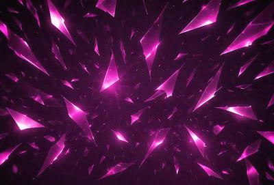 The primary subject of the image is a purple background with a pattern of pink and purple triangles. The setting appears to be a dark room, and the visual style is a combination of digital art and illustration. The dominant colors in the image are purple and pink, creating a vibrant and lively atmosphere.