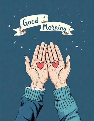 The primary subject of the image is a person's hands holding a heart. The setting is a blue background, and the visual style is a hand-drawn illustration. The colors are predominantly blue and red, creating a warm and inviting atmosphere.