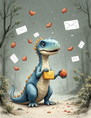 The primary subject of the image is a cartoon dinosaur, specifically a blue alligator, holding an envelope in its mouth. The setting is a forest, with trees visible in the background. The visual style is a digital art illustration, giving the image a whimsical and playful atmosphere. The colors are predominantly blue and green, with the alligator's skin being blue and the envelope being yellow.