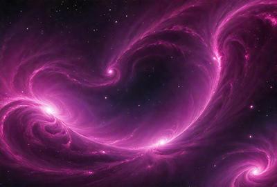 The primary subject of the image is a pink spiral galaxy, which is the main object, scene, or focus of the image. The setting or background of the image is a dark, star-filled sky, which provides a contrasting backdrop for the galaxy. The visual style of the image is a combination of digital art and illustration, creating a unique and captivating representation of the galaxy. The colors and mood of the image are predominantly pink, giving it a warm and inviting atmosphere.