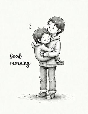 The image features a man and a child hugging each other. The man is holding the child in his arms, creating a warm and affectionate scene. The setting appears to be a bedroom, with a bed visible in the background. The visual style of the image is a hand-drawn illustration, giving it a unique and artistic appearance. The colors in the image are predominantly warm and soft, contributing to a comforting and cozy atmosphere.