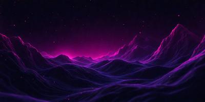 The primary subject of the image is a purple mountain range, with a dark purple sky in the background. The visual style appears to be a digital art or illustration, creating a surreal and dreamy atmosphere. The colors and mood convey a sense of mystery and wonder, as the viewer is drawn into the depths of the purple mountains.
