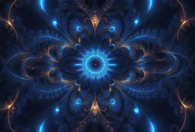 The primary subject of the image is a blue and gold flower with a large blue center. The setting is a blue background, which adds to the overall visual style. The flower is depicted in a digital art or illustration format, giving it a unique and intricate appearance. The colors and mood of the image are predominantly blue and gold, creating a sense of elegance and sophistication.