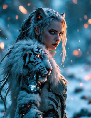 The primary subject of the image is a woman with white hair, wearing a futuristic outfit and holding a white tiger. The setting is a snowy environment, with the woman standing in front of a mountain. The visual style is a digital art, illustration, or drawing, with the woman and the tiger being the main focus of the image. The colors and mood are predominantly white and cold, giving the scene a futuristic and mysterious atmosphere.