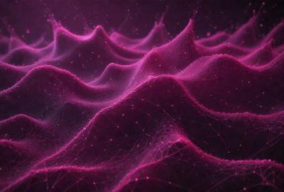 The primary subject of the image is a purple, pink, and white wave pattern. The setting is a dark background, which contrasts with the vibrant colors of the wave pattern. The visual style is a combination of digital art and illustration, creating a unique and eye-catching design. The dominant colors and overall atmosphere of the image are energetic, lively, and visually appealing.
