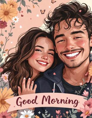 Good morning, a beautiful illustration of a man and a woman smiling and hugging each other. The man is on the left side of the image, and the woman is on the right side. They are both smiling and appear to be enjoying their time together. The illustration is colorful and has a warm, inviting atmosphere.