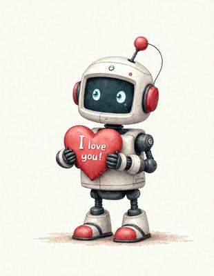 The primary subject of the image is a robot holding a heart. The robot is white and has a red heart. The setting is a white background, and the visual style is a cartoon or illustration. The colors are predominantly white and red, creating a warm and friendly atmosphere.