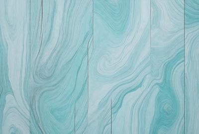 The primary subject of the image is a blue and white wall with a patterned design. The setting is a room with a wooden floor. The visual style is a combination of a photo and a digital art, illustration, or drawing. The dominant colors are blue and white, creating a calm and soothing atmosphere.