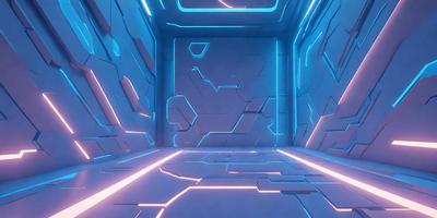 The primary subject of the image is a futuristic, blue-lit room with a white floor. The setting is a large, open space with a blue and white color scheme. The visual style is a combination of digital art and illustration, creating a unique and captivating atmosphere. The colors and mood of the image are predominantly blue and white, giving it a futuristic and sleek appearance.