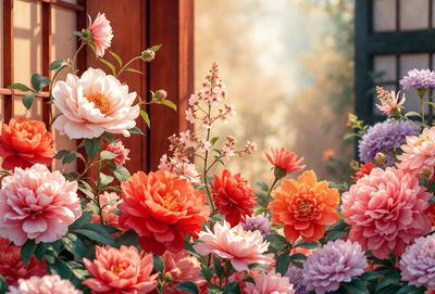 The primary subject of the image is a beautiful bouquet of flowers, with a variety of colors and shapes. The flowers are arranged in a vase, which is placed in front of a wooden door. The setting appears to be a garden or an outdoor space, with the flowers providing a natural and vibrant atmosphere. The visual style of the image is a combination of photo and digital art, creating a realistic yet artistic representation of the flowers. The colors and mood of the image are predominantly warm and inviting,