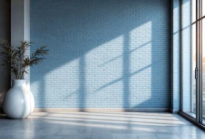 The primary subject of the image is a potted plant placed on a tile floor. The plant is situated in front of a blue brick wall, which serves as the setting for the scene. The visual style of the image is a photo, capturing the natural light and shadows on the wall and floor. The colors and mood of the image are predominantly blue, creating a calm and serene atmosphere.