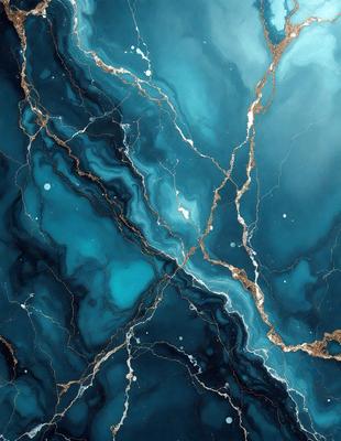 The primary subject of the image is a blue and gold marble-like surface, which appears to be a painting or a digital artwork. The setting is a blue and gold marble-like surface, which is the main focus of the image. The visual style is a painting or a digital artwork, as it is not a photo. The colors and mood of the image are predominantly blue and gold, creating a luxurious and elegant atmosphere.