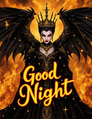 Good Night: A beautifully illustrated image of a woman in a black dress, with a crown on her head, and a pair of wings. She is standing in front of a fiery background, with a yellow and orange color scheme. The image is a digital art piece, featuring a detailed and intricate design. The woman appears to be a demon or a supernatural creature, with a haunting and mysterious aura.