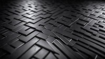 The primary subject of the image is a black and white patterned floor. The setting is a dark room, and the visual style appears to be a photo or a digital art piece. The colors and mood of the image are predominantly dark and moody, with the black and white pattern creating a sense of depth and intrigue.