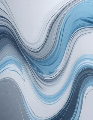 The primary subject of the image is a large, blue, swirling wave. The setting is a white wall, which serves as the background. The visual style is a digital art or illustration, as the wave appears to be a digital creation. The dominant colors are blue and white, creating a sense of motion and energy.