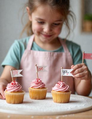 The primary subject of the image is a young girl holding a pink and white sign with the word "you" on it. She is standing in front of two cupcakes, one with a pink frosting and the other with a red frosting. The setting appears to be a kitchen or a similar environment, and the visual style is a photo. The colors and mood of the image are predominantly pink and white, creating a warm and cheerful atmosphere.
