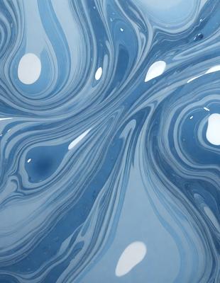 The primary subject of the image is a blue, swirling, and flowing pattern. The setting is a blue surface, possibly a pool of water or a blue-tinted background. The visual style appears to be a combination of a photo and digital art, creating a unique and captivating visual effect. The dominant colors are blue and white, giving the image a calming and serene atmosphere.