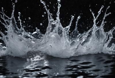 The primary subject of the image is a splash of water, which is the main focus of the scene. The water is captured in a close-up shot, creating a visually striking and dynamic image. The setting is a dark background, which contrasts with the brightness of the water splash. The visual style of the image is a black and white photo, giving it a timeless and classic appearance. The colors and mood of the image are predominantly dark, with the water splash being the main source of light and