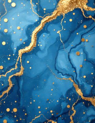 The primary subject of the image is a blue and gold swirling pattern, which appears to be a painting or a digital artwork. The setting is a blue background, and the visual style is a combination of digital art and painting. The colors and mood of the image are predominantly blue and gold, creating a sense of depth and richness.