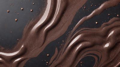 The primary subject of the image is a close-up of a chocolate-colored substance, possibly a chocolate sauce or a chocolate-based dessert. The setting is a black background, which contrasts with the rich brown color of the chocolate. The visual style appears to be a close-up of the chocolate, possibly a photo or a digital artwork. The colors and mood of the image are predominantly brown, creating a warm and inviting atmosphere.