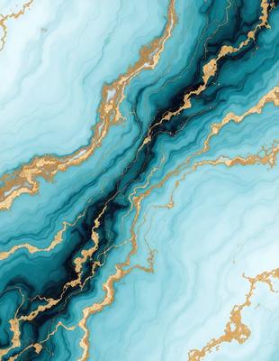 The primary subject of the image is a blue and gold marbled wallpaper. The setting is a bathroom, with the wallpaper covering the walls. The visual style is a digital art, as the image is a close-up of the wallpaper. The dominant colors are blue and gold, creating a luxurious and elegant atmosphere.