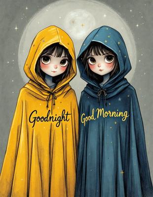 The image features two young girls wearing hooded sweatshirts, standing next to each other. The girls are wearing yellow and blue hoodies, and they are positioned in front of a moon. The scene appears to be a digital art or illustration, with a focus on the two girls and their hooded sweatshirts. The colors in the image are predominantly yellow and blue, creating a warm and cozy atmosphere.