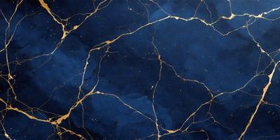 The primary subject of the image is a blue and gold marbled wallpaper. The setting is a room with a blue background, and the visual style is a close-up of the wallpaper. The colors and mood of the image are predominantly blue and gold, creating a luxurious and elegant atmosphere.
