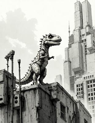 Primary subject: A large, robotic dinosaur statue.

Setting/background: The statue is standing on top of a building, with a cityscape in the background.

Visual style: The image is a digital art or illustration.

Colors and mood: The colors are predominantly gray and white, giving the image a somewhat dystopian or futuristic feel.
