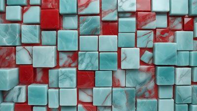 The primary subject of the image is a marble tile wall with a blue and red color scheme. The setting is a room with a marble tile backdrop. The visual style is a close-up of the marble tile wall, showcasing the intricate patterns and colors. The dominant colors are blue and red, creating a vibrant and eye-catching atmosphere.