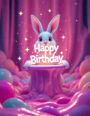 The primary subject of the image is a white rabbit sitting on a pink chair. The setting is a pink background with a lot of pink balloons surrounding the rabbit. The visual style is a digital art or illustration, creating a whimsical and playful atmosphere. The dominant colors are pink and white, with the pink balloons adding a lively touch to the scene.