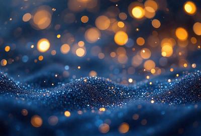 The primary subject of the image is a blue background with a pattern of bright, shining lights. The setting appears to be a dark, starry night, with the lights creating a mesmerizing effect. The visual style of the image is a combination of a photo and digital art, as the lights are arranged in a way that resembles a painting or a digital illustration. The colors and mood of the image are predominantly dark and mysterious, with the bright lights adding a touch of warmth and energy to the scene