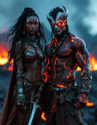 The primary subject of the image is a man and a woman standing next to each other. The man is wearing a chain and has a demonic appearance, while the woman is wearing a metal bra and has a more ethereal look. They are both standing in front of a backdrop of fire, which adds to the dramatic atmosphere of the scene. The visual style of the image is a combination of photo and digital art, creating a unique and captivating image. The dominant colors in the image are red and orange, which