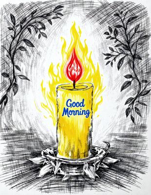 The primary subject of the image is a lit candle, which is placed in a holder. The setting is a dark room, and the visual style is a hand-drawn illustration. The candle is surrounded by a flame, and the colors and mood are predominantly dark and moody.
