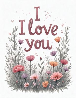 The primary subject of the image is a heart-shaped sign with the words "I love you" written on it. The setting is a garden with a variety of flowers, including pink and purple ones. The visual style is a combination of digital art and illustration, creating a warm and loving atmosphere. The colors and mood of the image are predominantly pink and purple, symbolizing love and affection.