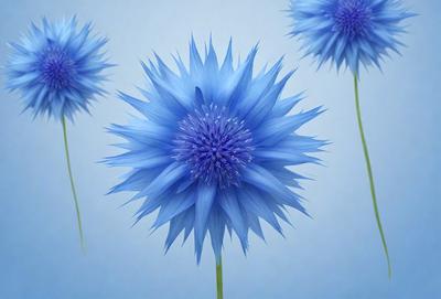 The primary subject of the image is a blue flower with a white center, surrounded by other blue flowers. The setting is a blue background, which creates a visually appealing contrast with the blue flowers. The visual style is a close-up of the flower, showcasing its details and beauty. The colors and mood of the image are predominantly blue, creating a serene and calming atmosphere.
