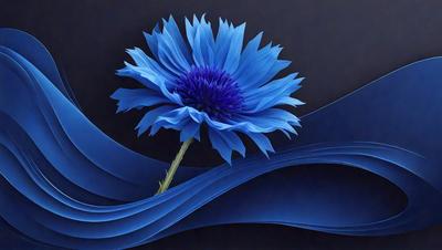 The primary subject of the image is a blue flower with a purple center, which is the main focus of the image. The setting is a dark background, which contrasts with the vibrant blue and purple colors of the flower. The visual style is a painting, which adds a sense of artistic expression to the image. The colors and mood of the image are predominantly blue and purple, creating a serene and calming atmosphere.