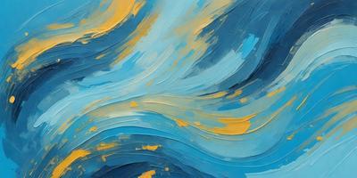 The primary subject of the image is a painting of a blue ocean with yellow and orange waves. The setting is a blue background, and the visual style appears to be a digital art or illustration. The dominant colors in the painting are blue, yellow, and orange, creating a vibrant and lively atmosphere.