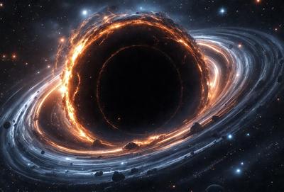 The primary subject of the image is a large, open, and dark space with a bright, glowing, and swirling center. The setting appears to be a black hole, with the surrounding area being dark and void of any other objects. The visual style of the image is a combination of photo and digital art, creating a striking and dramatic scene. The colors and mood of the image are predominantly dark and mysterious, with the bright center of the black hole providing a contrasting and captivating focal point
