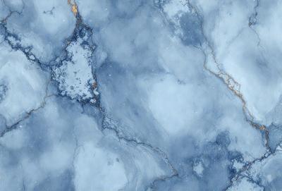 The primary subject of the image is a blue marble wall with a pattern of white streaks. The setting is a room with a blue marble floor. The visual style is a combination of a photo and digital art, creating a unique and intricate design. The dominant colors are blue and white, giving the room a calm and serene atmosphere.
