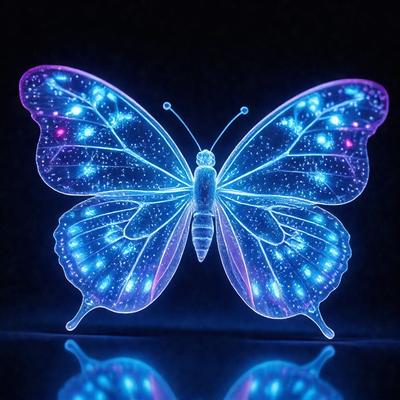 The primary subject of the image is a butterfly, which is the main object, scene, or focus of the image. The butterfly is illuminated by a blue light, giving it a glowing appearance. The setting or background of the image is a dark surface, which contrasts with the brightly lit butterfly. The visual style of the image is a combination of photo and digital art, as it captures the butterfly's glowing wings in a detailed and artistic manner. The colors