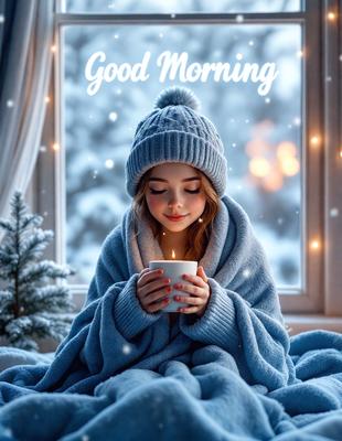 The primary subject of the image is a young girl wearing a blue sweater and a hat. She is holding a cup of coffee, possibly a hot chocolate, and appears to be enjoying her morning. The setting is indoors, with a window visible in the background. The visual style is a digital art, creating a cozy and warm atmosphere. The colors are predominantly blue, with the girl's sweater and the cup of coffee being the main focus.