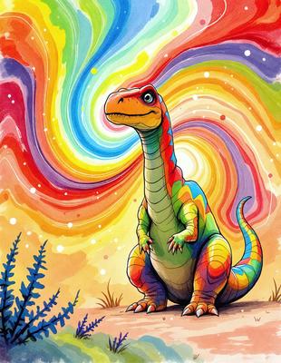 The primary subject of the image is a colorful, rainbow-colored dinosaur, likely a T-Rex, sitting on a dirt ground. The setting is a desert-like environment, with a sky visible in the background. The visual style of the image is a combination of digital art and illustration, creating a vibrant and lively atmosphere. The dominant colors in the image are the rainbow colors of the dinosaur, which contrast with the earthy tones of the desert setting.