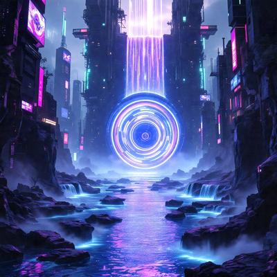 The primary subject of the image is a futuristic city with a large, colorful, and illuminated fountain in the center. The setting is a futuristic cityscape with a purple waterfall and a purple river. The visual style is digital art, and the colors and mood are predominantly purple, creating a unique and captivating atmosphere.
