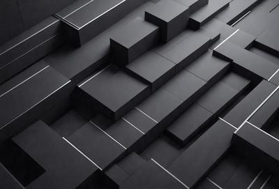 The primary subject of the image is a black and white pattern of boxes. The setting is a black background, and the visual style appears to be a digital art or illustration. The dominant colors are black and white, creating a stark and minimalist atmosphere.