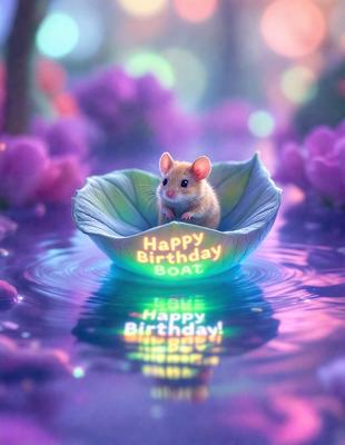 The primary subject of the image is a small mouse sitting in a boat-shaped boat. The boat is floating on a body of water, which appears to be a lake. The visual style of the image is a digital art, with the mouse and boat being the main focus. The colors and mood of the image are predominantly purple, creating a calm and serene atmosphere.