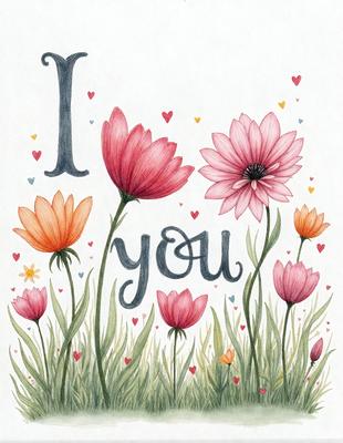 The primary subject of the image is a bouquet of flowers, with a focus on pink flowers. The setting is a grassy field, and the visual style is a watercolor painting. The colors and mood of the image are predominantly pink and warm, creating a sense of love and affection.