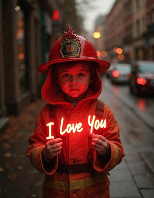 The primary subject of the image is a young boy wearing a firefighter's uniform and holding a sign that reads "I love you." The setting is a city street at night, with cars and traffic lights visible in the background. The visual style is a photo, capturing the boy's heartfelt message. The colors and mood of the image are warm and affectionate, as the boy expresses his love for someone.